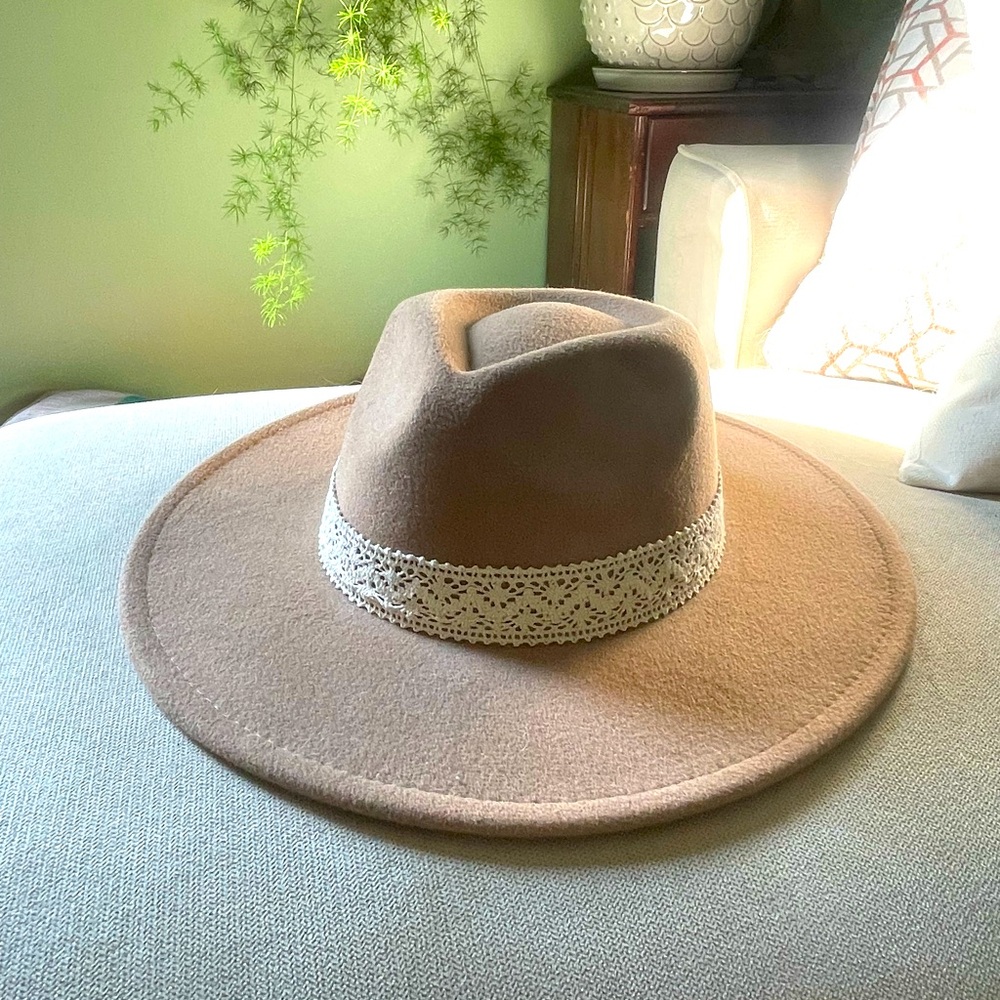 Tan faux suede fedora hat with Lace Band
